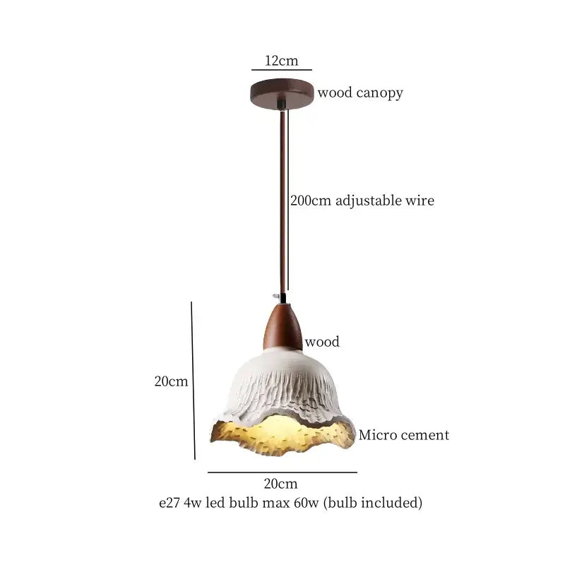 White micro cement pendant light with textured petal design and wooden canopy by decorbites cement led pendant lights