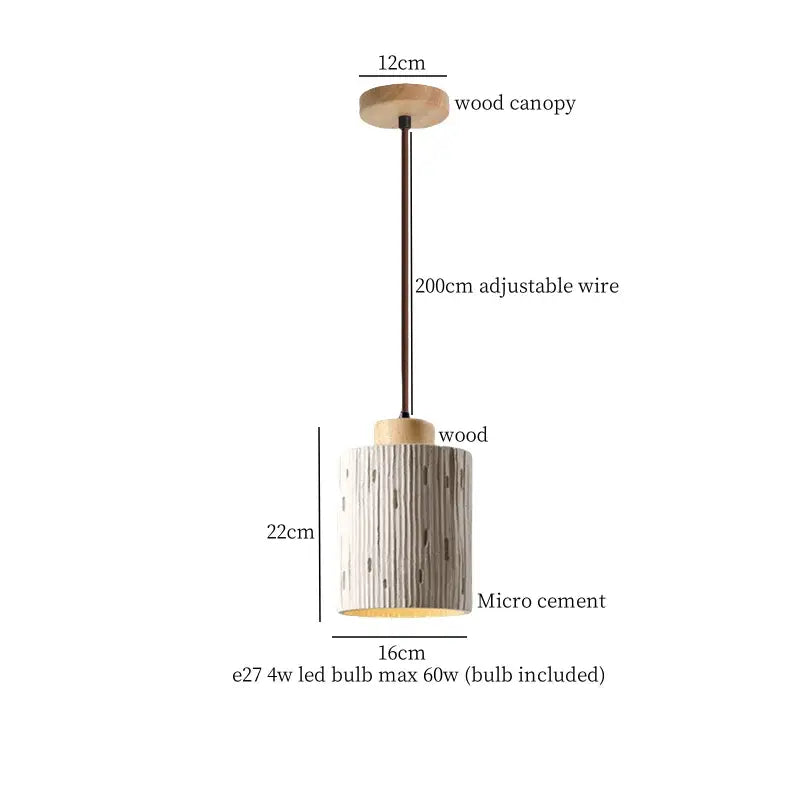 Minimalist beige decorbites cement led pendant light with textured white micro cement body and wooden accents for kitchen decor