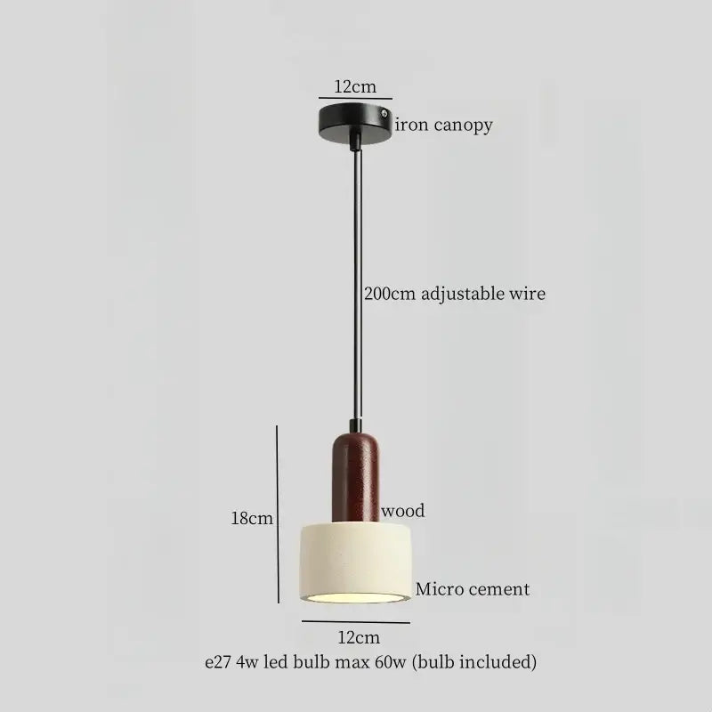A modern cement led pendant light with a black iron canopy, adjustable wire, and dark wood shade for minimalist decorbites