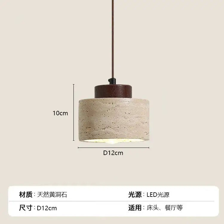 Minimalist cylindrical pendant light with beige stone shade and dark wooden top for kitchen dining room ceiling tray