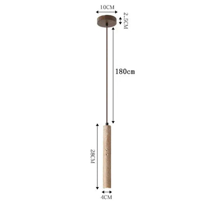 Minimalist beige travertine cylindrical cord pendant light with textured shade and dark metal rod for dining table lighting