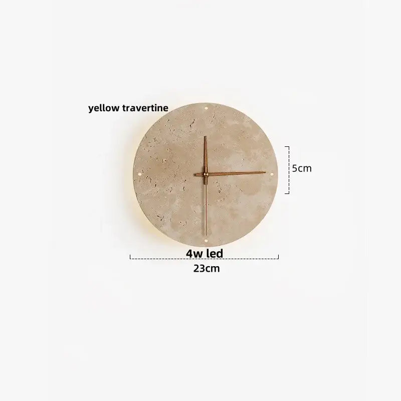 Circular wall clock with yellow travertine face and minimalist copper hands complements led wall lights design