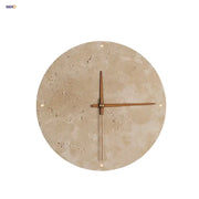 Minimalist beige travertine wall clock with stone face, wooden hands, and brass detail for led wall lights bedroom decor