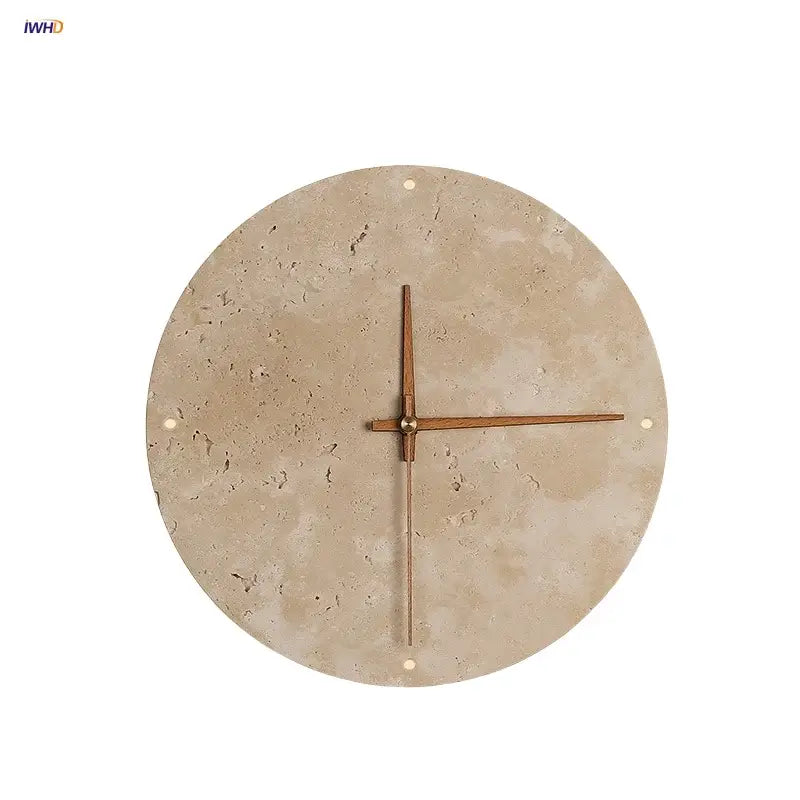 Minimalist beige travertine wall clock with stone face, wooden hands, and brass detail for led wall lights bedroom decor