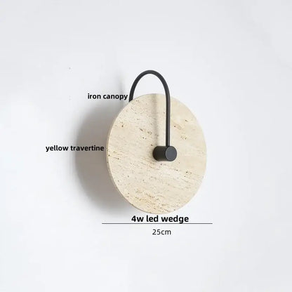 Minimalist circular yellow travertine led wall light with black iron canopy and 4w led wedge light for bedroom use