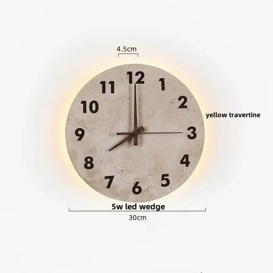 Minimalist beige travertine stone wall clock with black numerals and 5w led wall lights for bedroom illumination