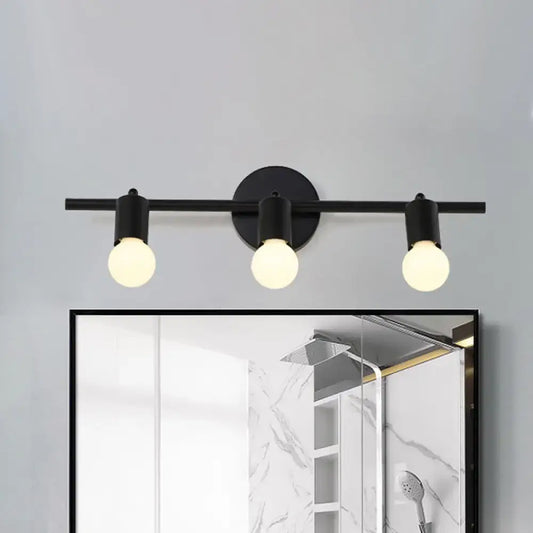 Minimalist black 3-arm vanity light fixture with three exposed bulb sockets for bathroom vanity light use