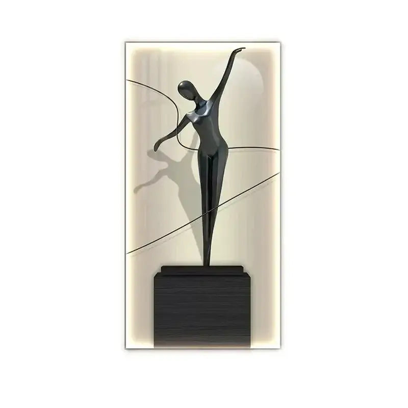 Elegant black metallic abstract figure luminous wall lamp featuring a dynamic dancer sculpture on a sleek base