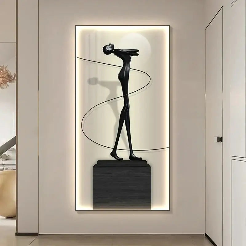 Minimalist black abstract figure luminous canvas wall lamp with stylized human form and flowing curves on dark base