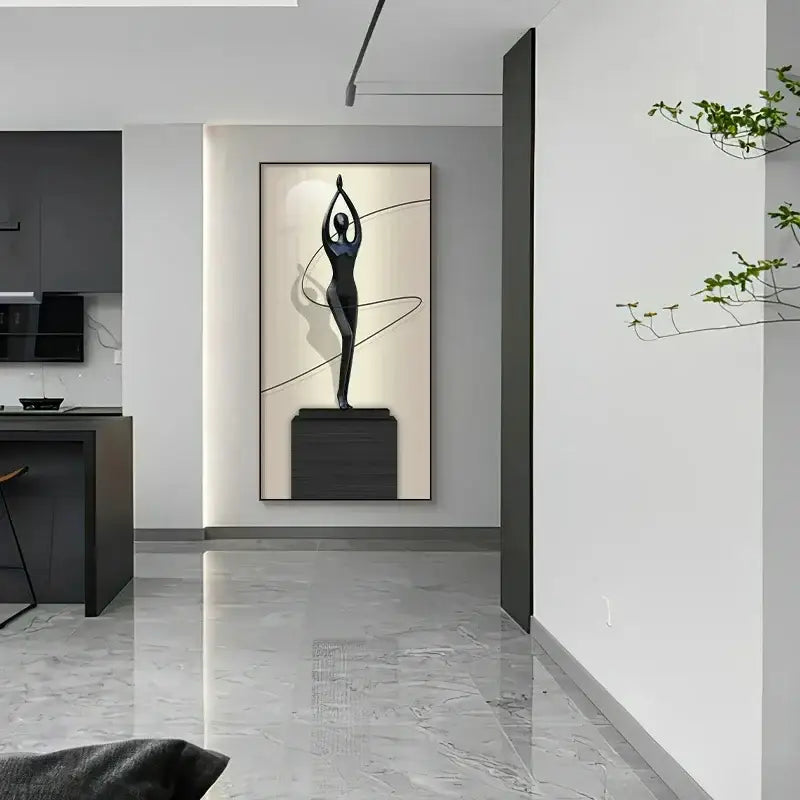 Minimalist black abstract figure luminous canvas wall lamp with dynamic sculpture on dark pedestal for living room wall lamps