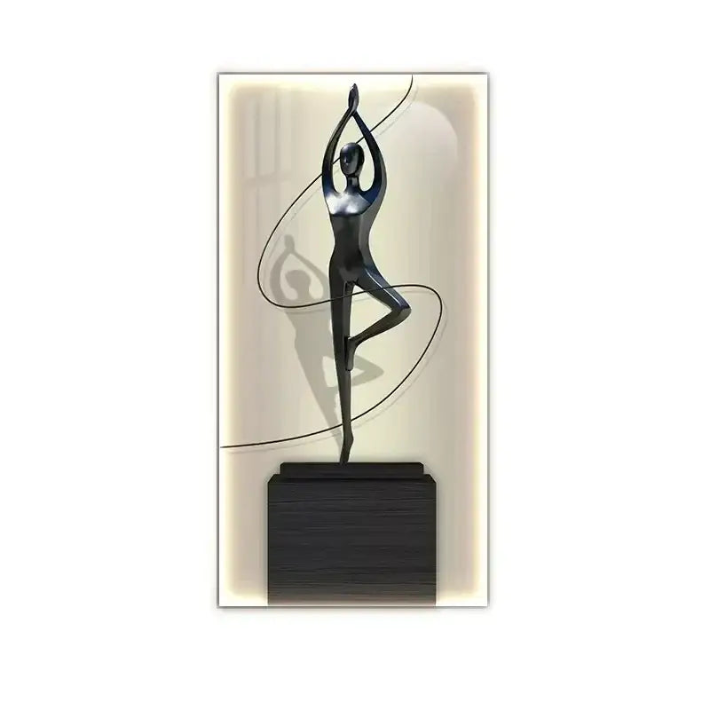 Shiny black abstract figure luminous sculpture on dark base as minimalist wall lamp for living room decor