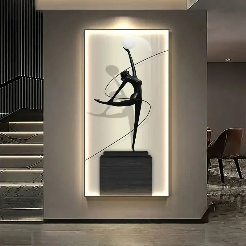 Minimalist black sculptural dancer figurine wall lamp with sleek glossy finish as abstract figure luminous canvas decor