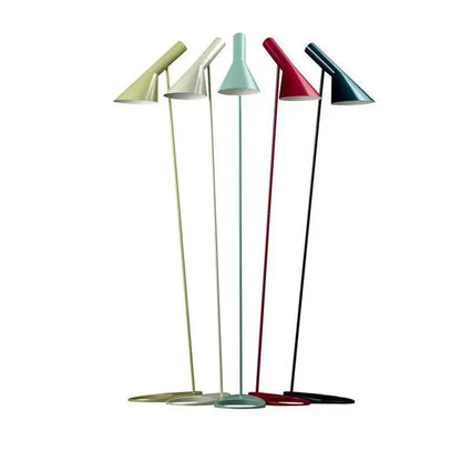 Five modern floor lamps with pastel conical shades and slender metal stems featuring decorbites adjustable led floor design