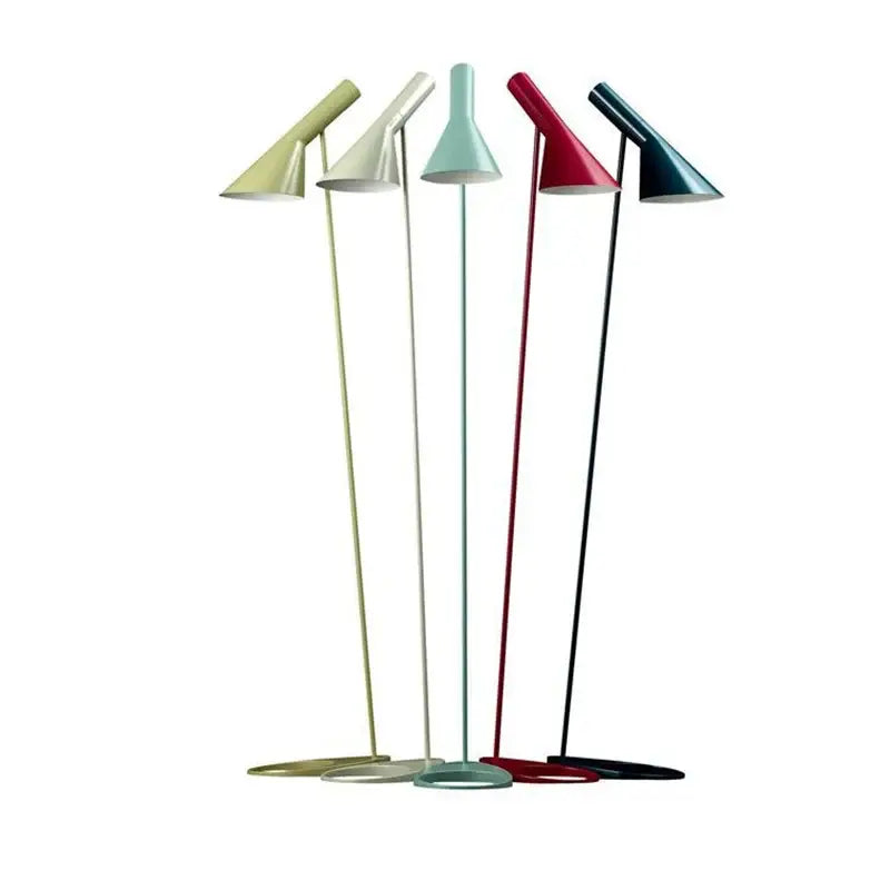 Five modern floor lamps with pastel conical shades and slender metal stems featuring decorbites adjustable led floor design