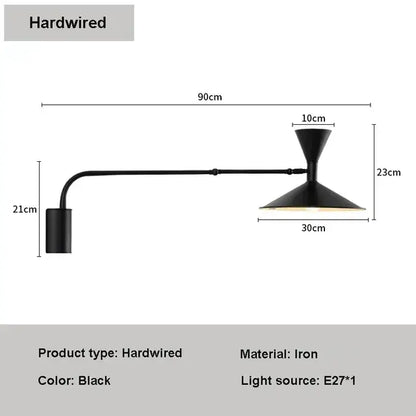 Minimalist black iron wall lamp with adjustable long arm and conical shade for modern bedroom sconce lighting
