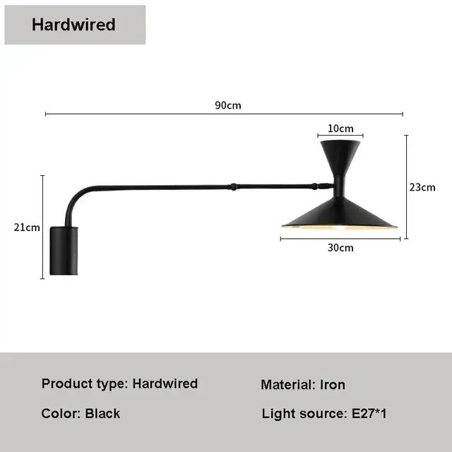 Minimalist black iron wall lamp with adjustable long arm and conical shade for modern bedroom sconce lighting