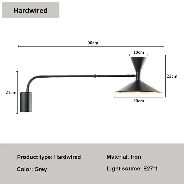 Black iron wall lamp with adjustable long arm and conical shade for minimalist bedroom sconce lighting