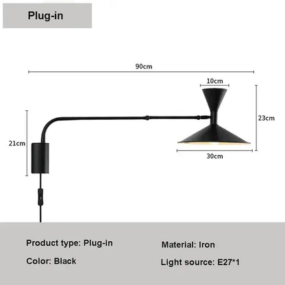 Black iron wall lamp with adjustable long arm and conical shade featuring a minimalist modern design for bedroom use