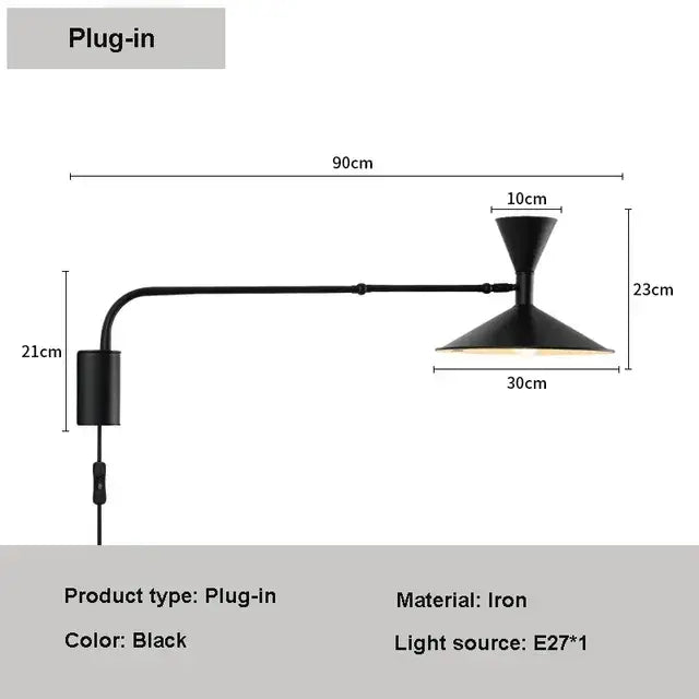 Black iron wall lamp with adjustable long arm and conical shade featuring a minimalist modern design for bedroom use