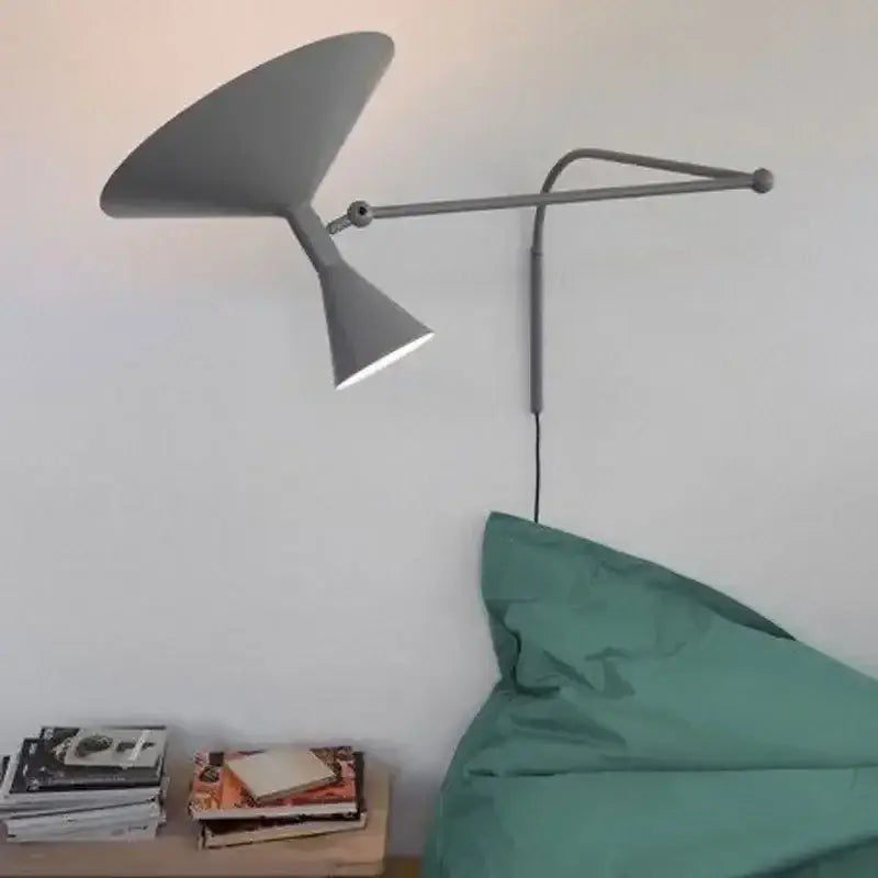Modern gray wall lamp with sleek angular design and adjustable long arm ideal for minimalist bedroom sconce lighting