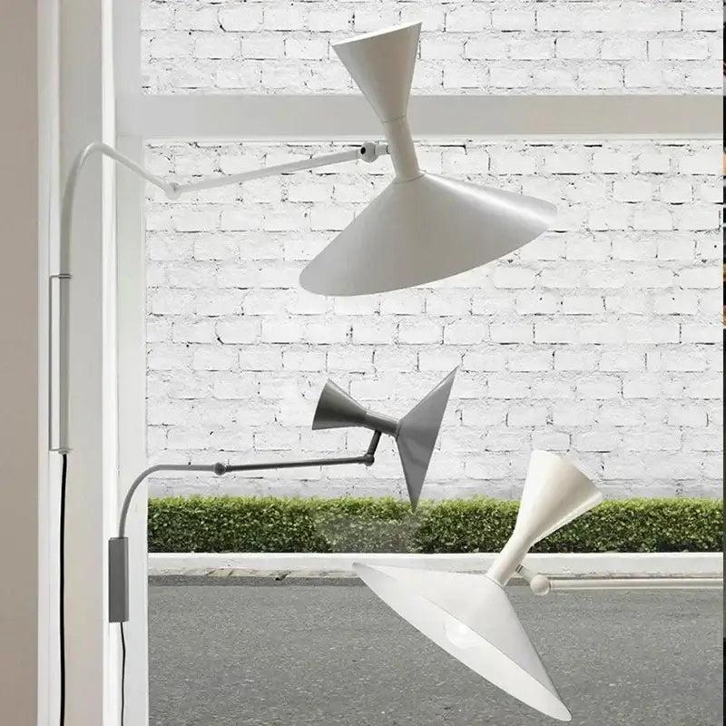 Modern white conical wall lamp with adjustable long arm and articulated design for minimalist bedroom sconce lighting