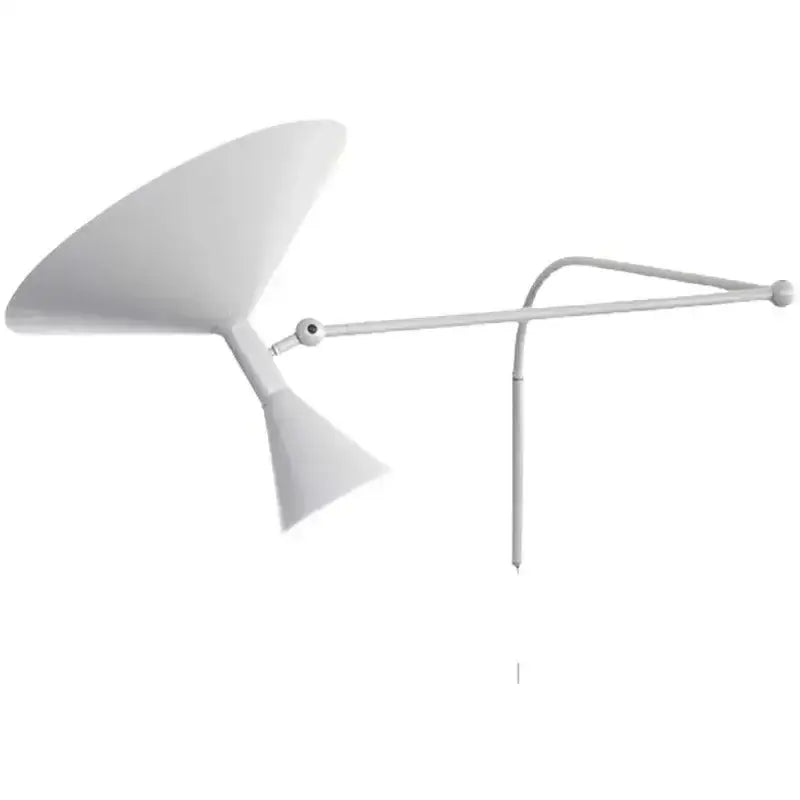 White minimalist wall lamp with adjustable long arm and dual conical shades for modern bedroom use