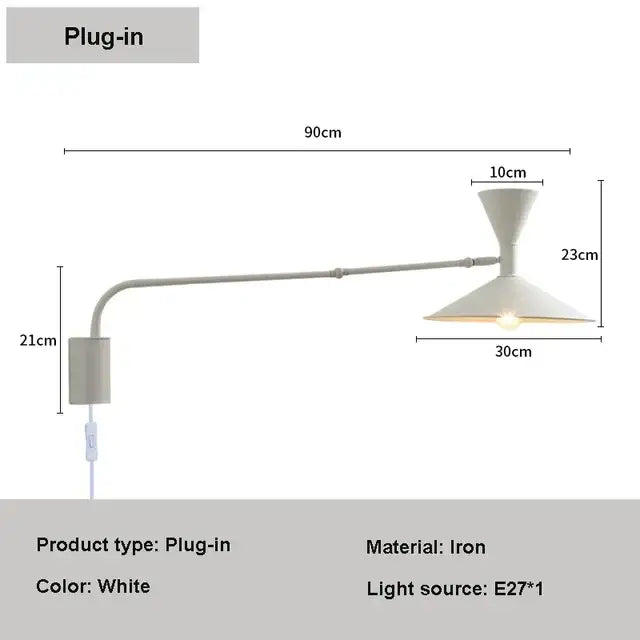 White iron wall lamp with adjustable long arm and conical shade for minimalist bedroom lighting fixture