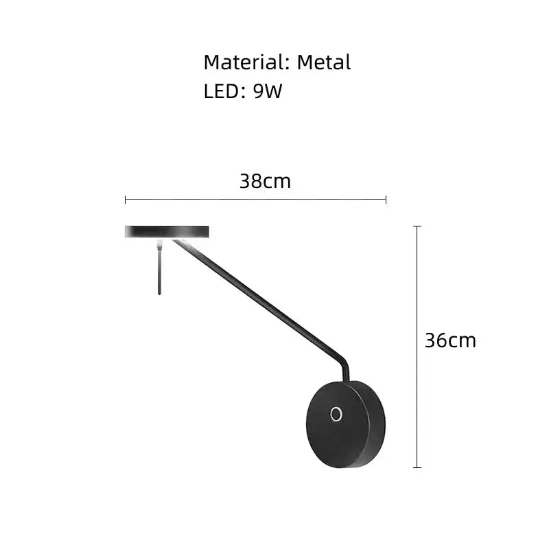Minimalist black metal wall lamp with adjustable swing arm and 9w led bulb for bedroom lighting