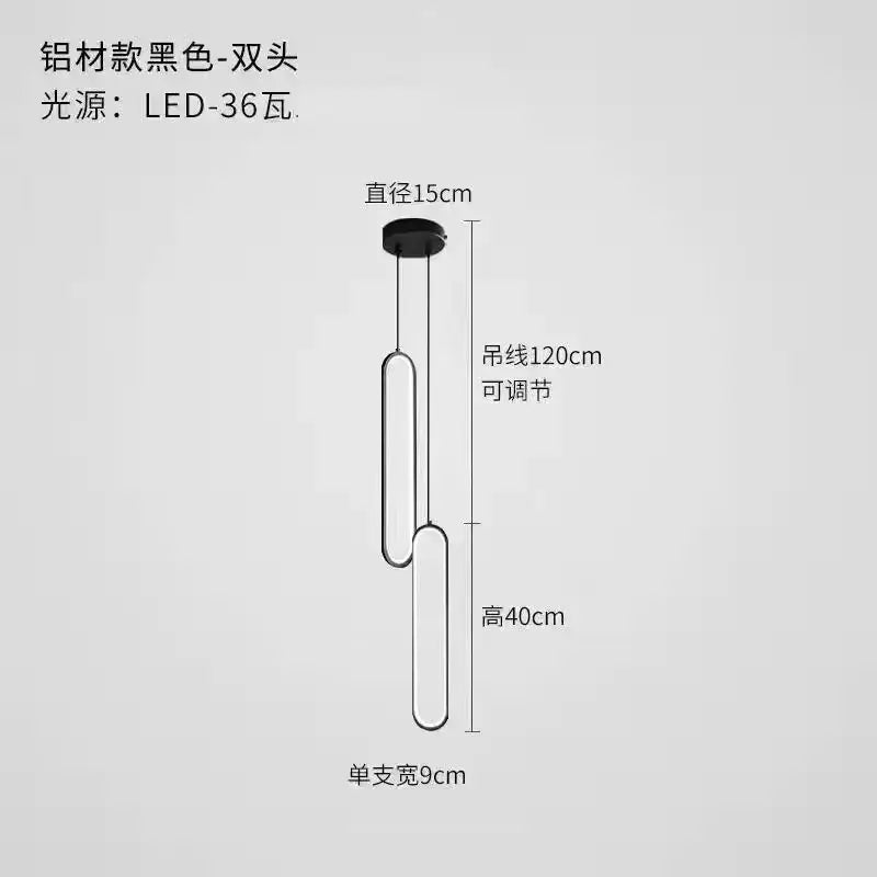 Minimalist black aluminium led chandelier with two elongated cylindrical arms suspended by adjustable cords for dining room