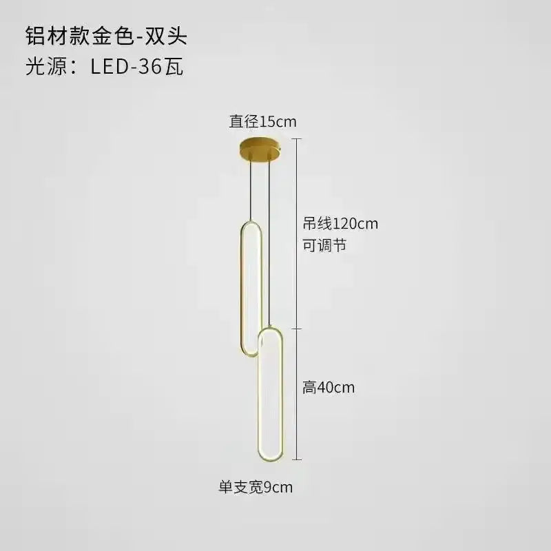Gold-toned aluminium led chandelier with two elongated curved led tubes for minimalist dining room lighting
