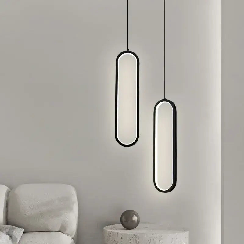 Minimalist black aluminium led chandelier with two oval pendant lights for dining room lighting