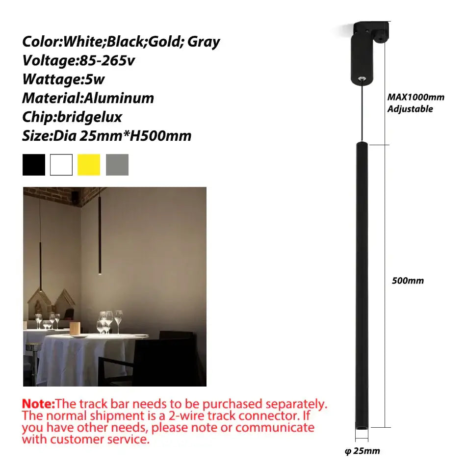 Minimalist black aluminum led ceiling rail track spotlights with sleek cylindrical pendant and adjustable 1000mm length