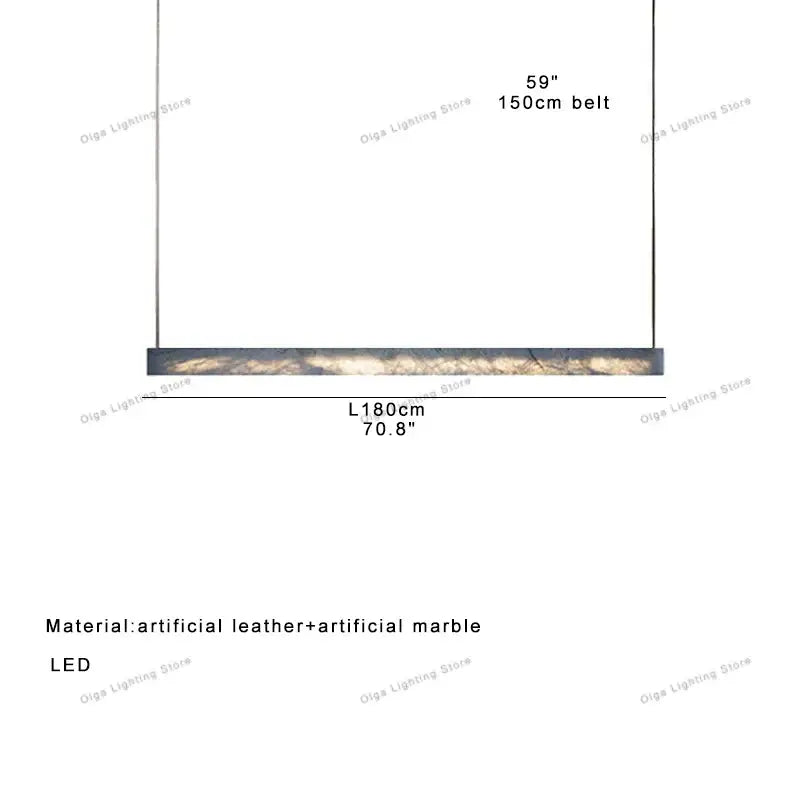 Minimalist black and amber marble design pendant light with rectangular led fixture featuring leather and marble surfaces