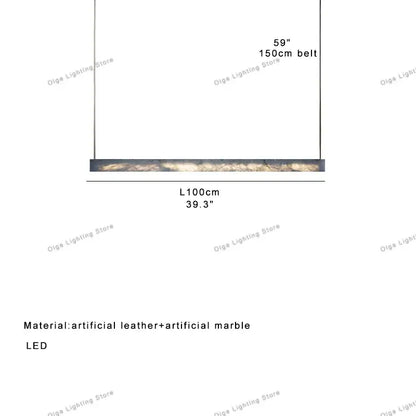 Minimalist black and amber marble design pendant light with rectangular led fixture featuring leather and marble accents for office