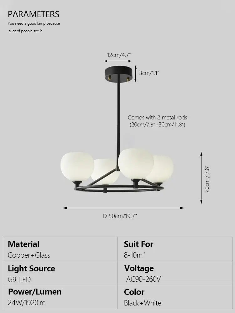 Minimalist black and copper glass chandelier with five frosted white spheres for dining room decorbites copper glass