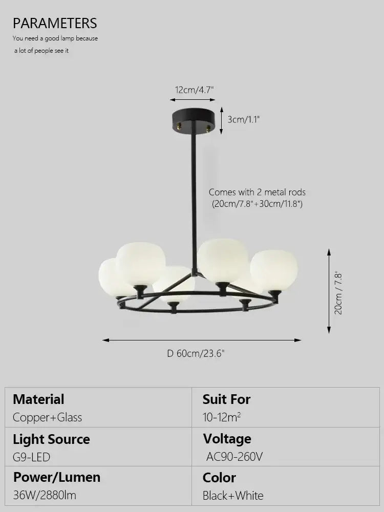 Minimalist black and copper glass chandelier with six frosted globe shades for dining room decorbites copper glass lighting