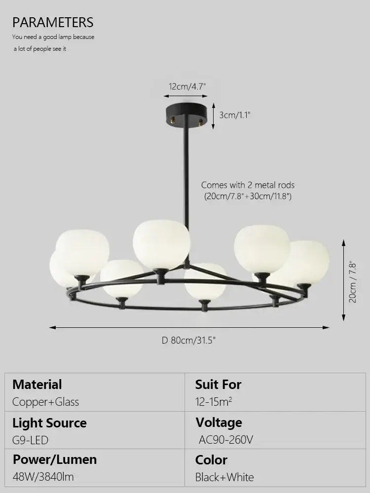 Minimalist black and copper glass chandelier with eight frosted white globes for dining room decorbites copper glass lighting