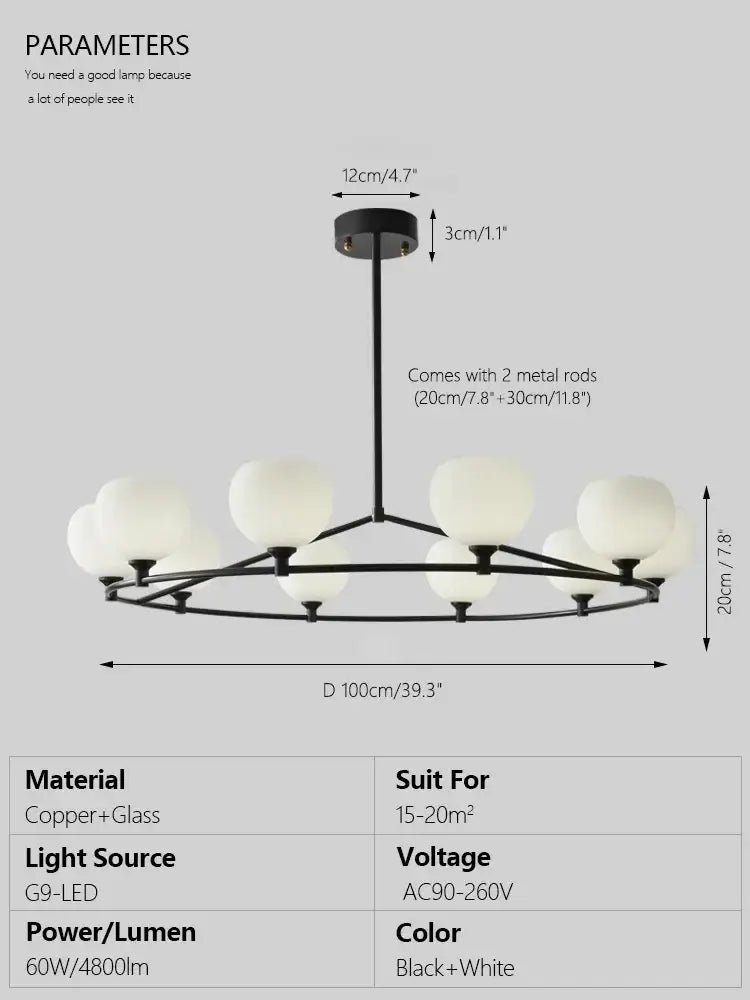 Minimalist black metal chandelier with white frosted globe shades featuring decorbites copper glass accents for dining rooms