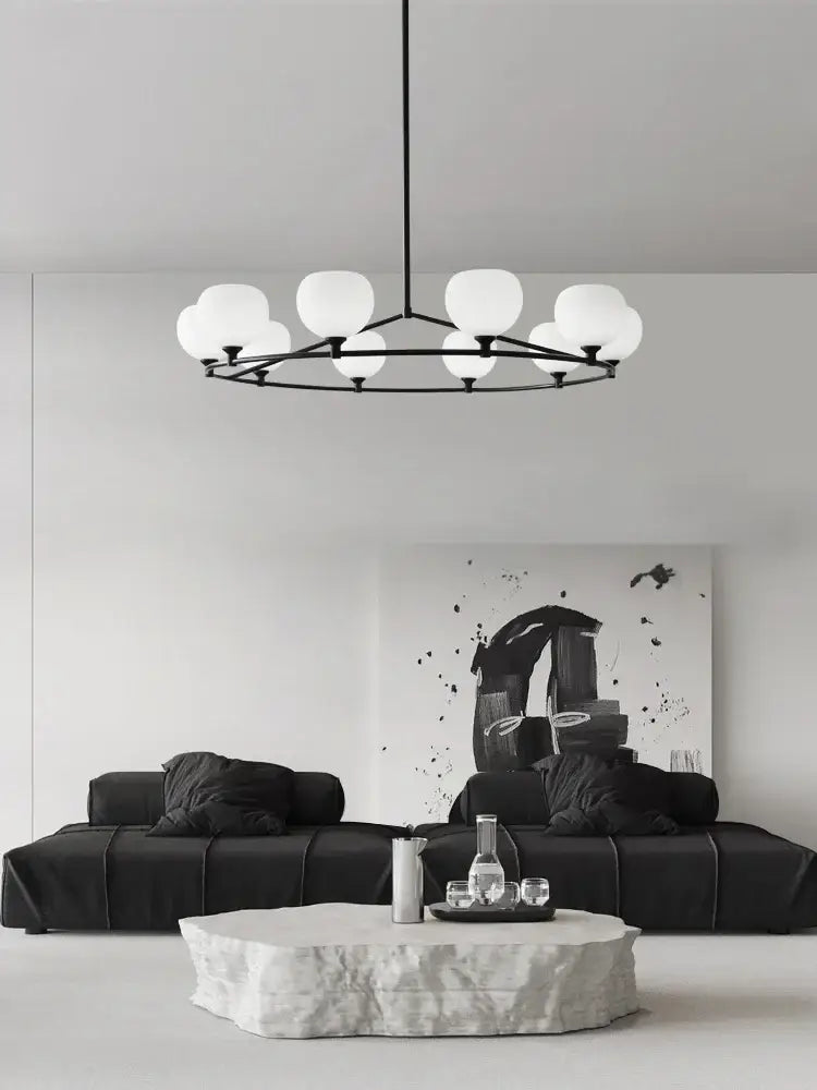 Minimalist black and copper glass chandelier with frosted globe lights for dining room decorbites copper glass design
