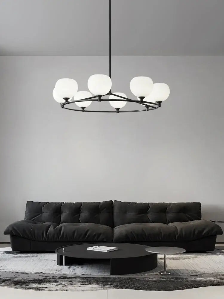 Minimalist black and copper glass chandelier with eight frosted globes for dining room decorbites copper glass lighting