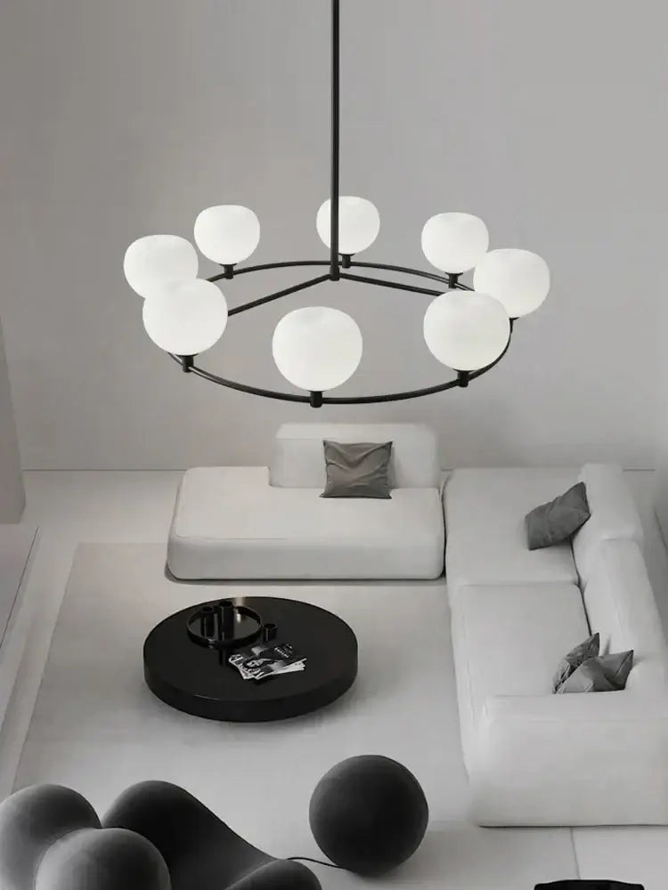 Modern black metal minimalist black and copper glass chandelier with frosted globe lights for dining room decorbites copper glass
