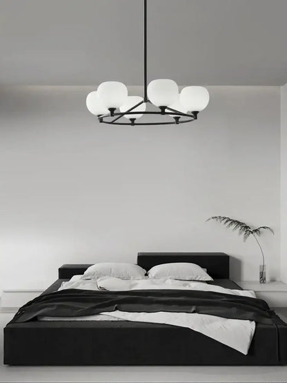 Minimalist black metal copper glass chandelier with six frosted globe lights for dining room decorbites copper glass lighting