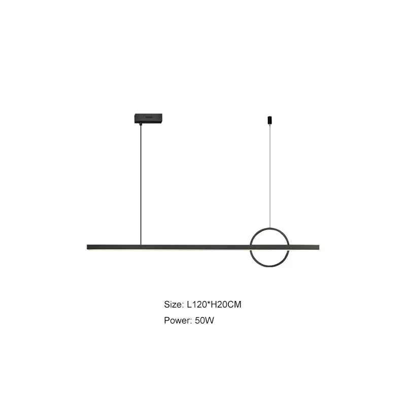 Modern black minimalist pendant light with sleek horizontal bar and circular accent in decorbites geometric copper chandelier style