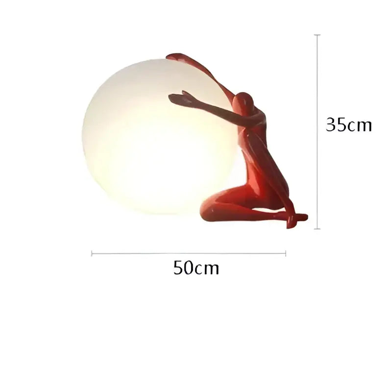 Minimalist red decorbites humanoid sculpture led table lamp with glowing white spherical light for bedroom decor