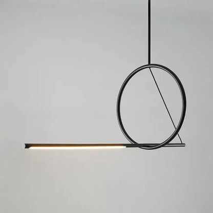 Minimalist black metal pendant light with circular frame and linear art line led strip for dining room decorbites art line