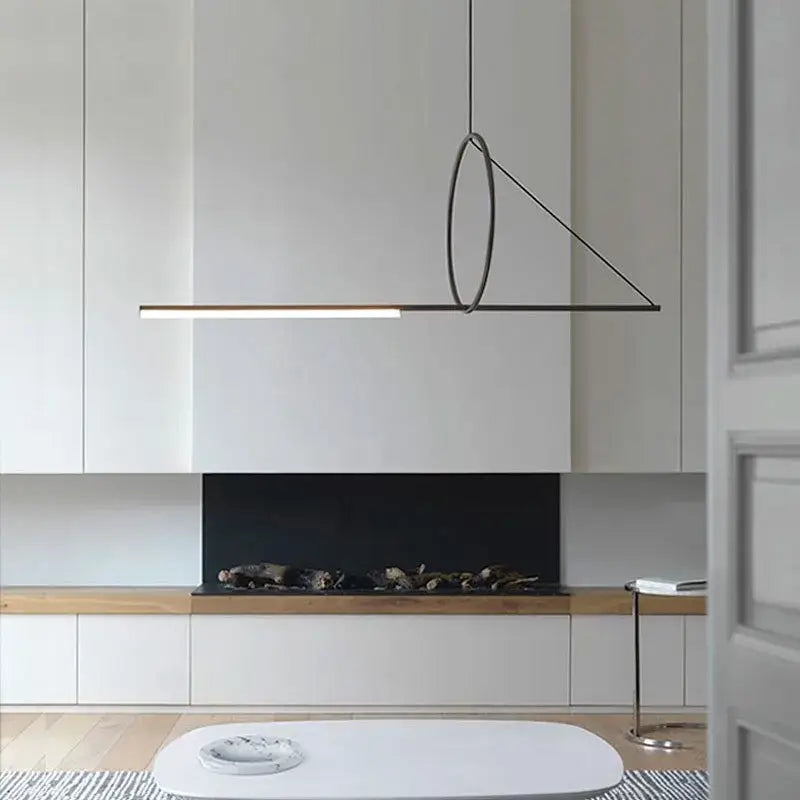 Minimalist black metal pendant light with sleek linear lamp and geometric ring design decorbites art line led for dining room