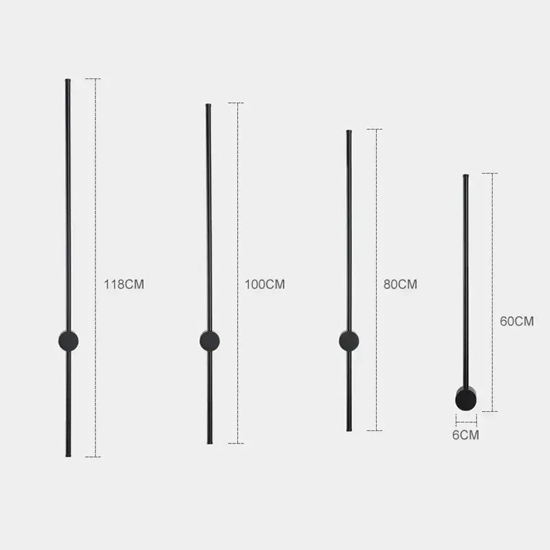 Minimalist black and brushed brass led wall lamp with wall-mounted rods available in four lengths for living room use