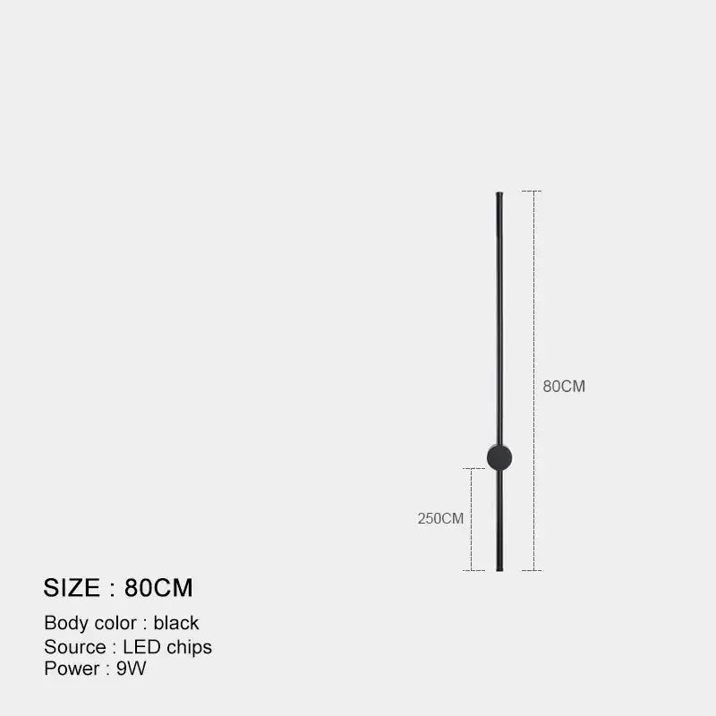 Minimalist black and brushed brass led wall lamp with an 80cm black led light pole and circular midsection for living room