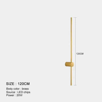 Minimalist black and brushed brass 120cm led wall lamp with vertical rod and cylindrical led chip housing for living room