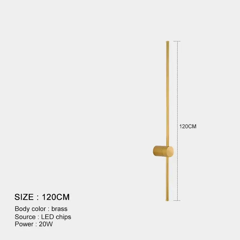 Minimalist black and brushed brass 120cm led wall lamp with vertical rod and cylindrical led chip housing for living room
